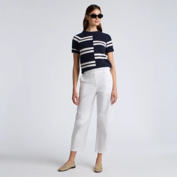 LTD RELEASE OFFSET STRIPE CASHMERE SHORT SLEEVE CREWNECK SWEATER in Twilight