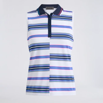 OFFSET STRIPE TECH PIQU&Eacute; SLEEVELESS POLO in SNOW / KNOCKOUT PINK