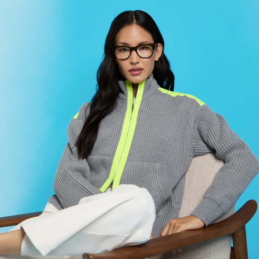 FUNNEL NECK MERINO WOOL SWEATER JACKET in MELANGE GREY - Alternate Image 1