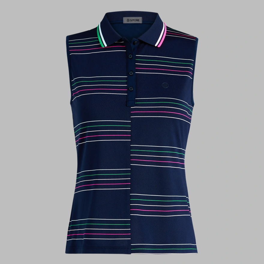 OFFSET STRIPE TECH PIQU&Eacute; SLEEVELESS POLO in TWILIGHT/CLOVER