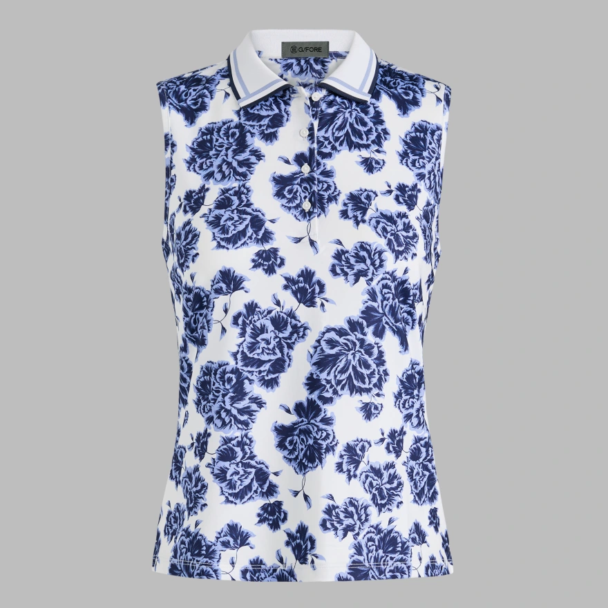 STAMPED FLORAL TECH JERSEY SLEEVELESS POLO in Willow
