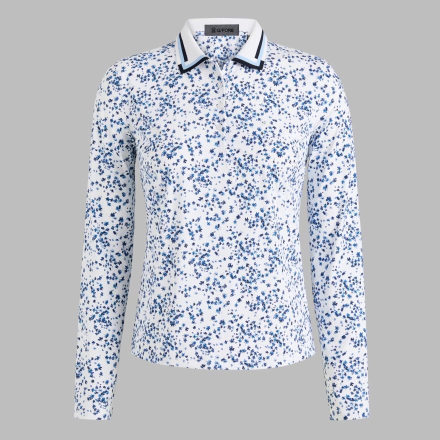 SCATTERED DITZY SILKY TECH NYLON LONG SLEEVE POLO in Snow / Twilight