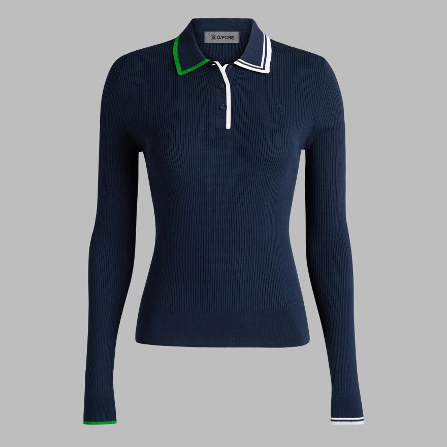VISCOSE BLEND LONG SLEEVE KNIT POLO in Twilight
