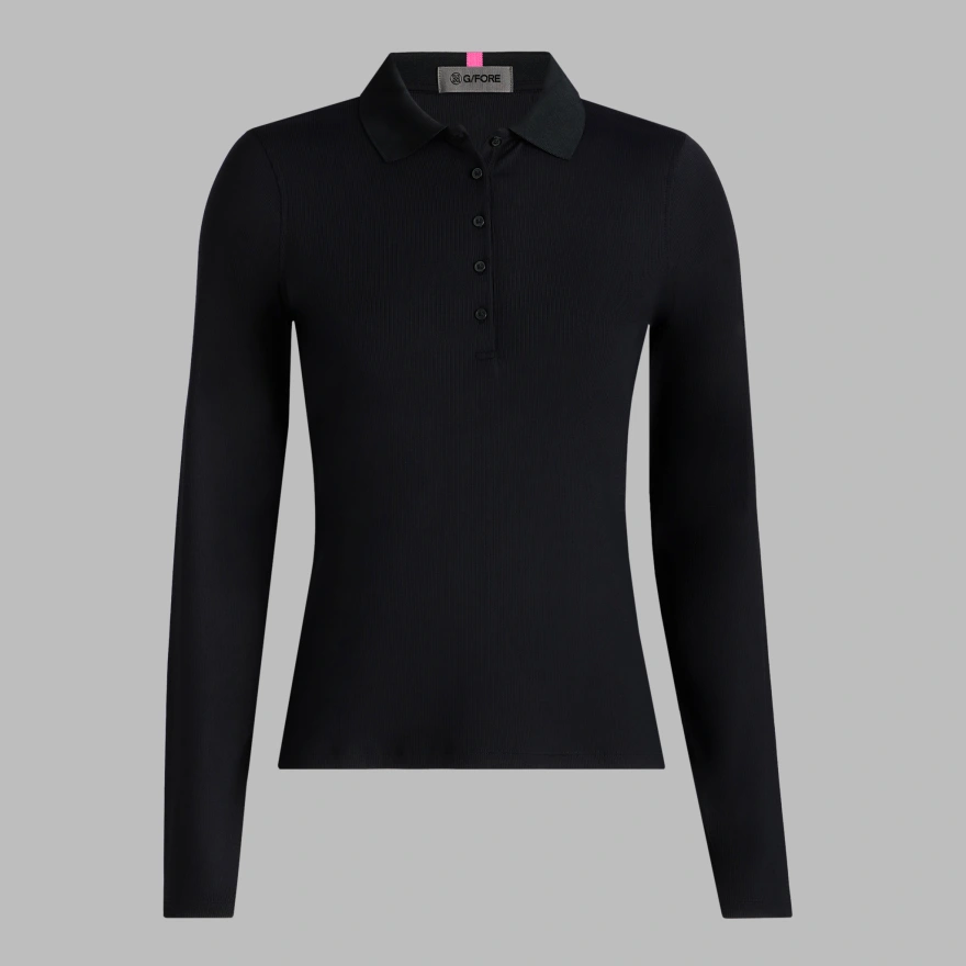 RIBBED TECH NYLON LONG SLEEVE POLO in Onyx