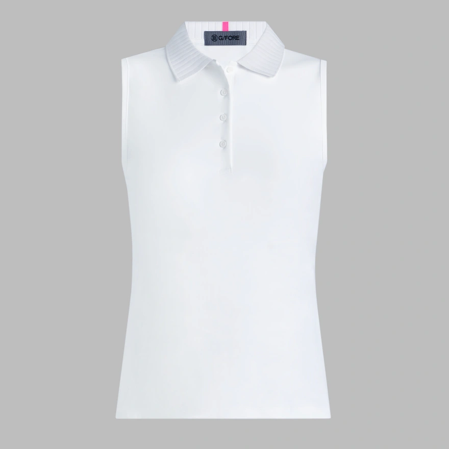 PLEATED COLLAR SILKY TECH NYLON SLEEVELESS POLO in Snow