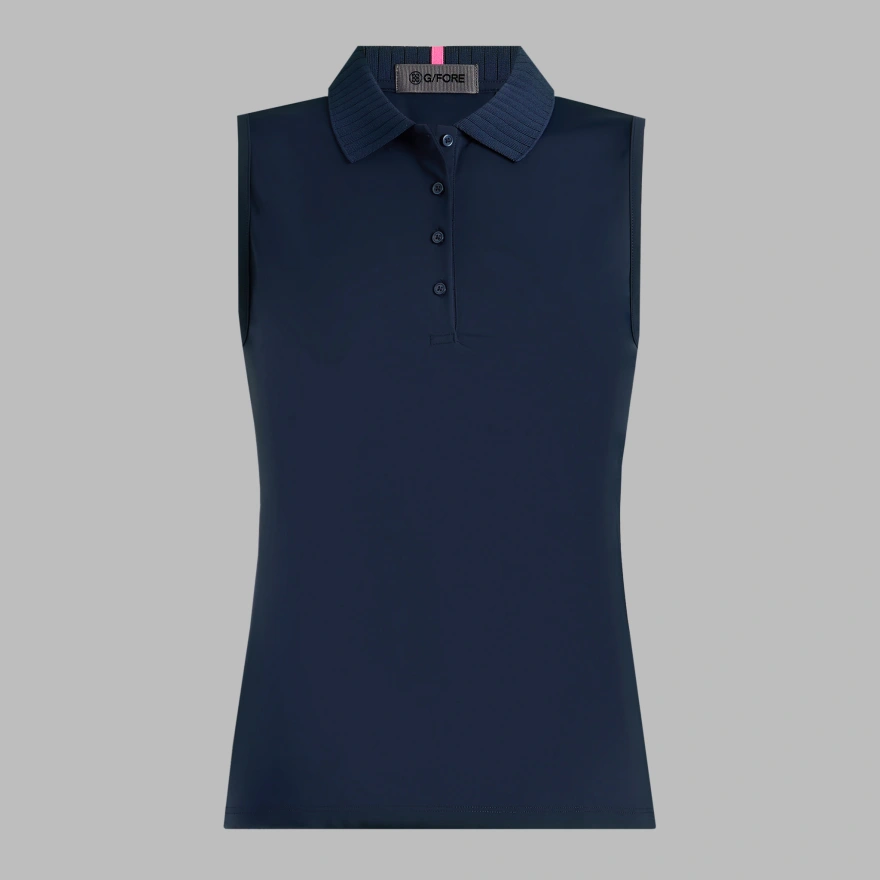 PLEATED COLLAR SILKY TECH NYLON SLEEVELESS POLO in Twilight
