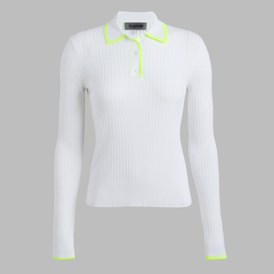 RIBBED KNIT LONG SLEEVE POLO SWEATER in SNOW / ELECTRIC