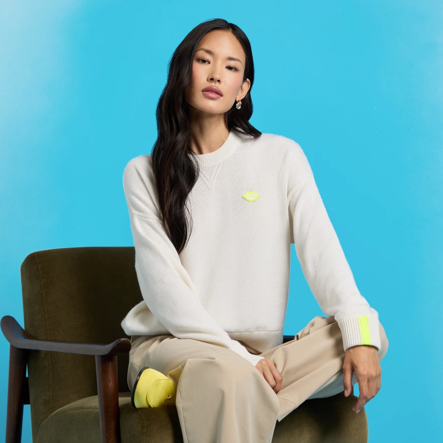 TIPPED CASHMERE CREWNECK SWEATER in CHALK WHITE - Alternate Image 1