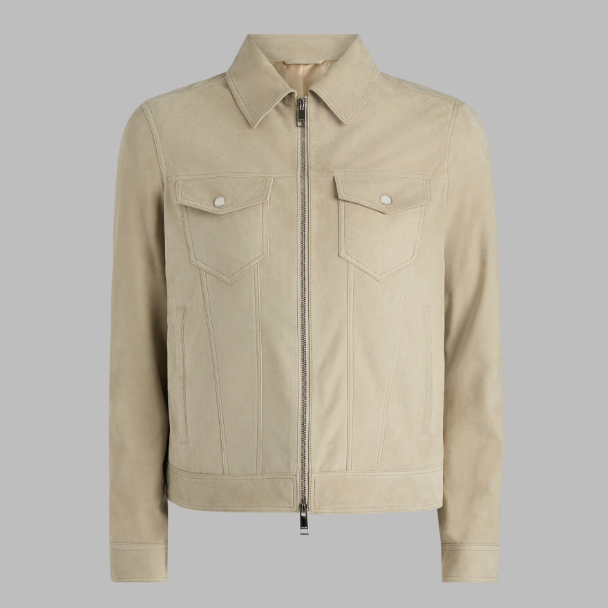 SUEDE TRUCKER JACKET in PUMICE