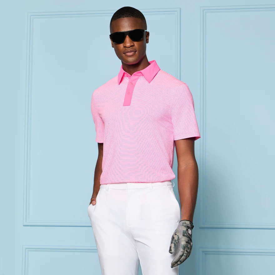 FEEDER STRIPE FINE TECH JERSEY POLO in KNOCKOUT PINK - Alternate Image 1