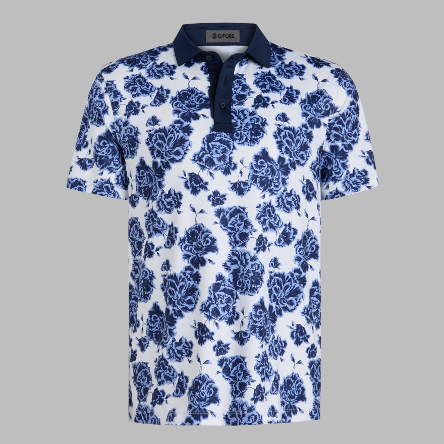 STAMPED FLORAL TECH JERSEY POLO in Willow