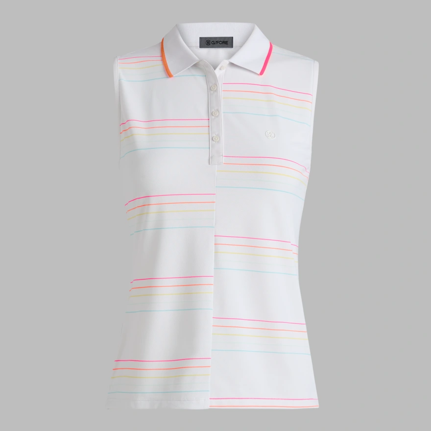 OFFSET STRIPE TECH PIQU&Eacute; SLEEVELESS POLO in SNOW / CENOTE