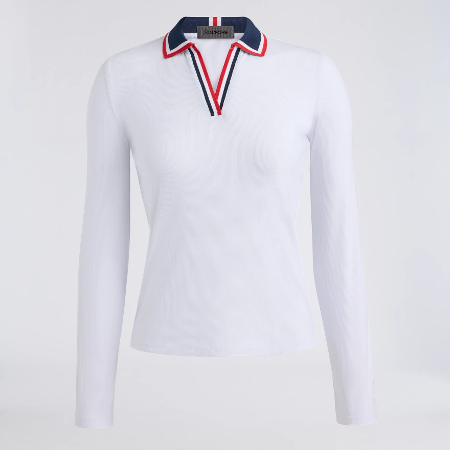 CONTRAST JOHNNY COLLAR TECH NYLON RIB LONG SLEEVE POLO in Lava