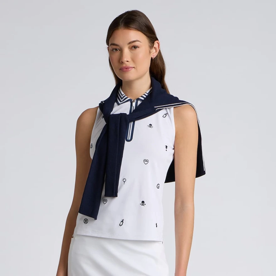 ICON EMBROIDERED 1/4 ZIP SLEEVELESS POLO in Snow - Alternate Image 1