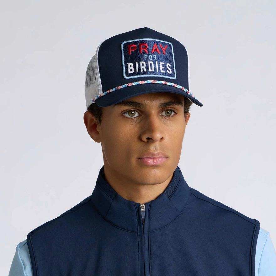 PRAY FOR BIRDIES RETRO MID TRUCKER HAT in TWILIGHT / RWB - Alternate Image 2