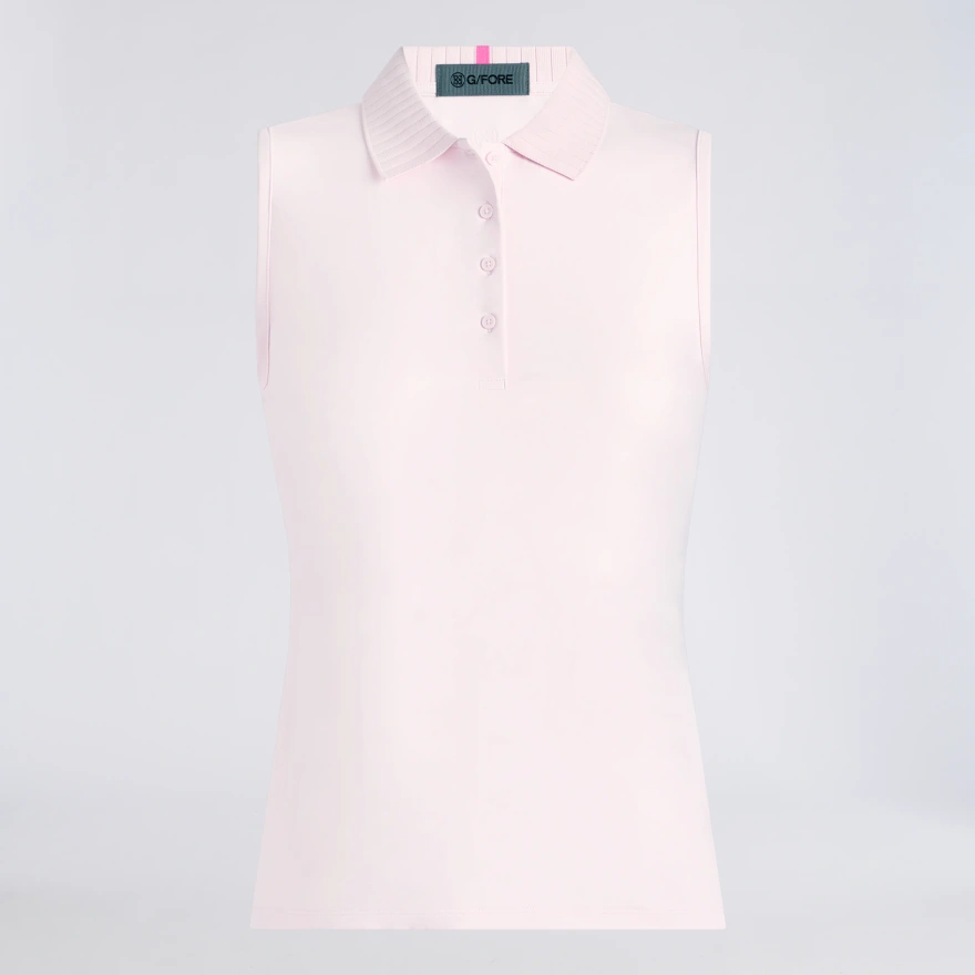 PLEATED COLLAR SILKY TECH NYLON SLEEVELESS POLO in Blush