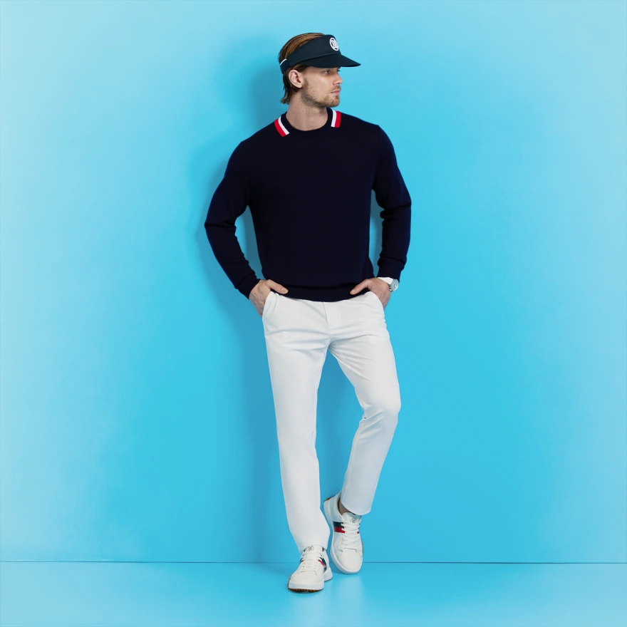 COLOUR BLOCK MERINO WOOL JUMPER in TWILIGHT / LAVA - Alternate Image 1