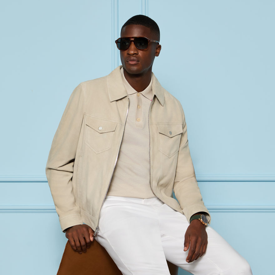 SUEDE TRUCKER JACKET in PUMICE - Alternate Image 1
