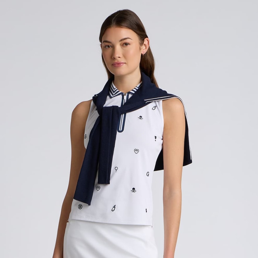 ICON EMBROIDERED 1/4 ZIP SLEEVELESS POLO in Snow - Alternate Image 1