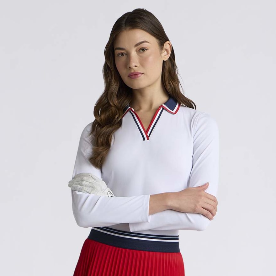 CONTRAST JOHNNY COLLAR TECH NYLON RIB LONG SLEEVE POLO in Lava - Alternate Image 2