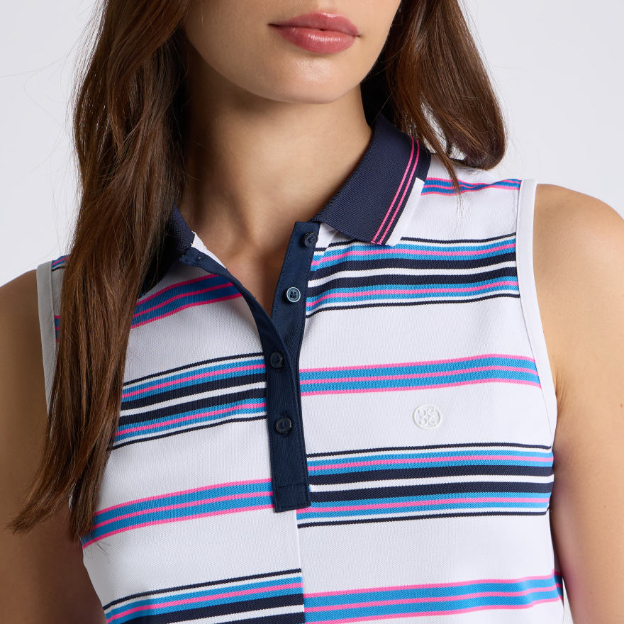OFFSET STRIPE TECH PIQU&Eacute; SLEEVELESS POLO in SNOW / KNOCKOUT PINK - Alternate Image 4