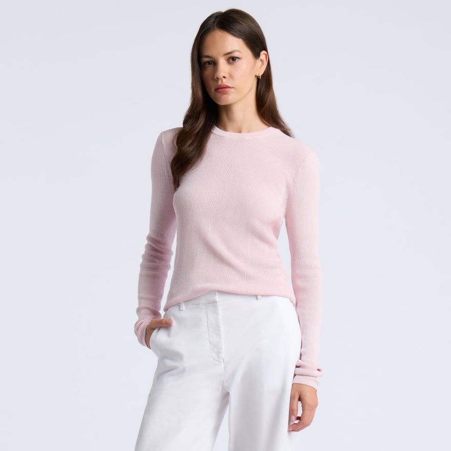 COTTON BLEND RIB KNIT FITTED TOP in SHELL - Alternate Image 2