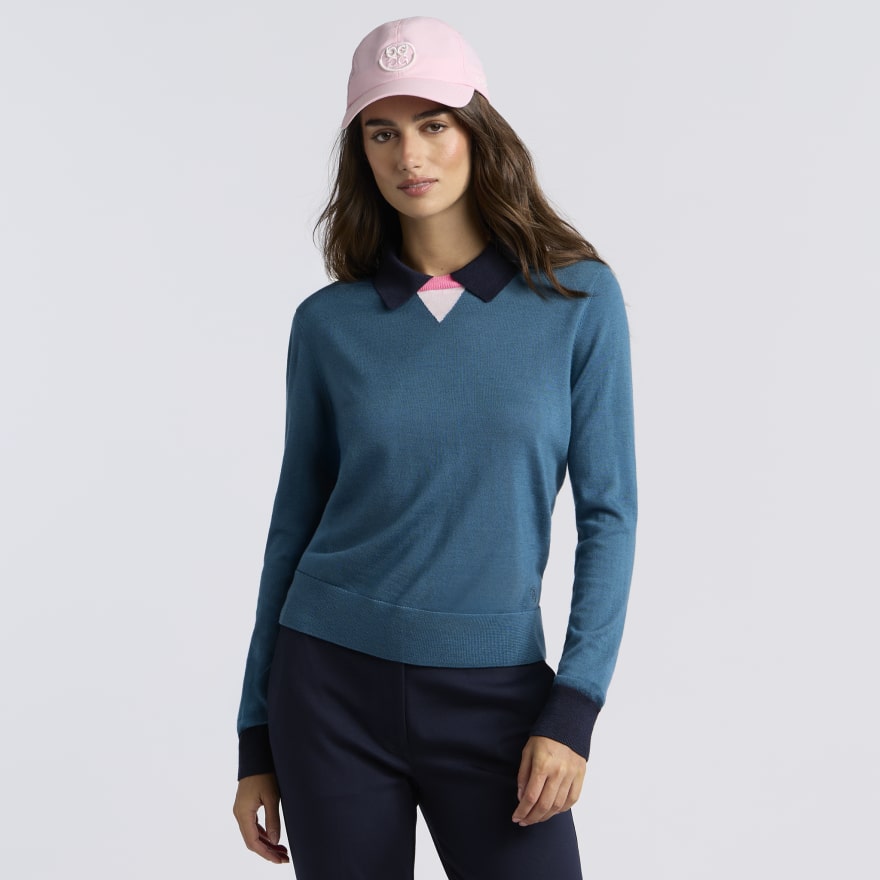 COLOUR BLOCK MERINO WOOL SWEATER POLO in MARINE TEAL - Alternate Image 1