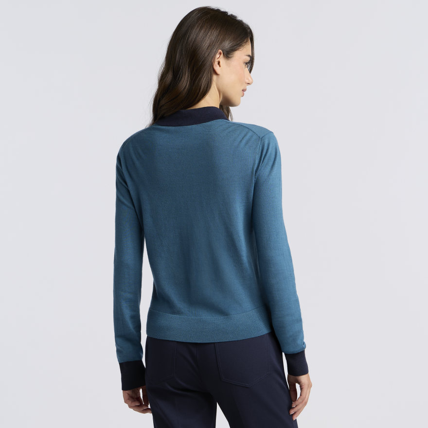 COLOUR BLOCK MERINO WOOL SWEATER POLO in MARINE TEAL - Alternate Image 2