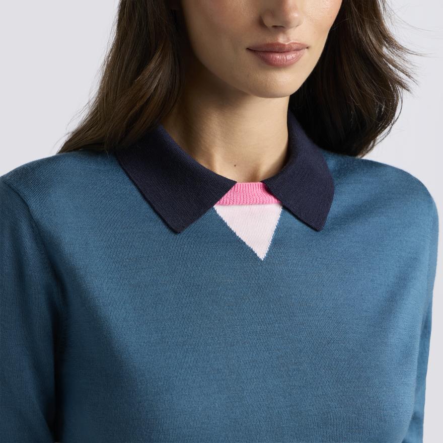 COLOUR BLOCK MERINO WOOL SWEATER POLO in MARINE TEAL - Alternate Image 3