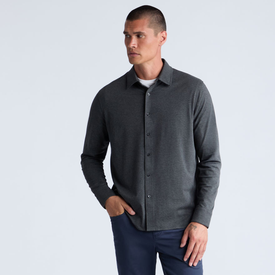 LUXE COTTON BLEND SHIRT in CHARCOAL MELANGE - Alternate Image 2