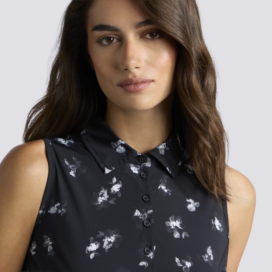 MOODY FLORAL SILKY TECH NYLON SLEEVELESS POLO in Onyx - Alternate Image 4