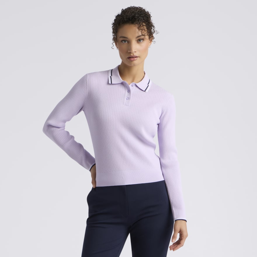 RIBBED KNIT LONG SLEEVE POLO in Orchid - Alternate Image 2