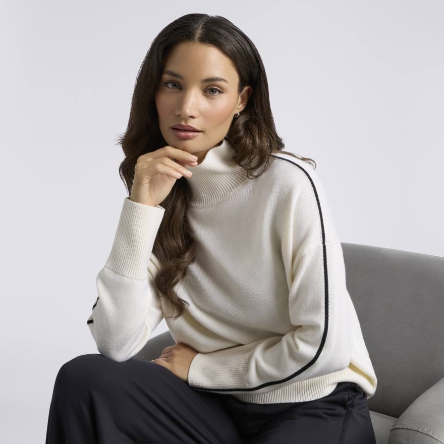 MERINO WOOL CONTRAST STRIPE TURTLENECK JUMPER in CHALK WHITE / ONYX - Alternate Image 1