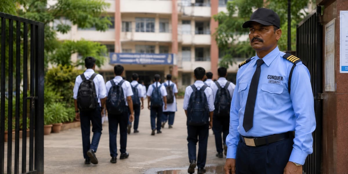 Security guard on duty at school gate as students walk in
