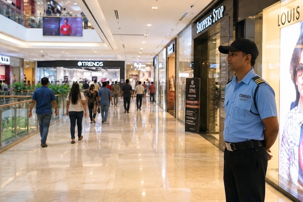 Security guard on duty at a retail mall entrance