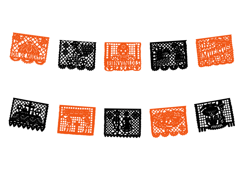 Papel Picado Dia de Muertos Naranja con Negro Plastico Picado en Tira