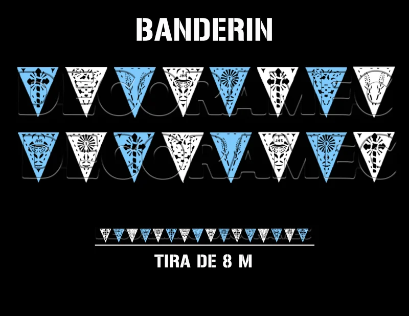 banderin religioso azul con blanco tira de plastico triangulo papel picado