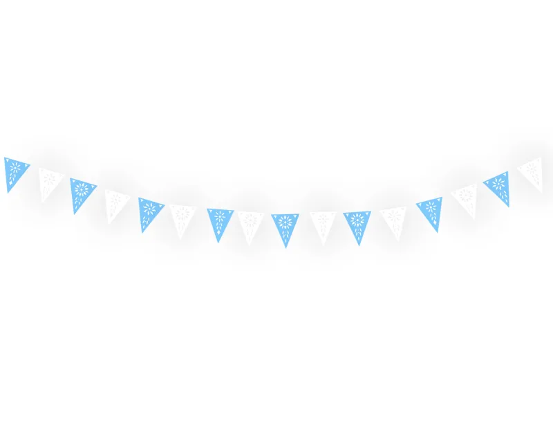 banderin religioso azul con blanco tira de plastico triangulo papel picado