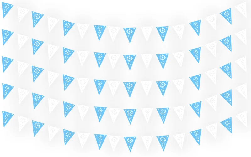 banderin religioso azul con blanco tira de plastico triangulo papel picado