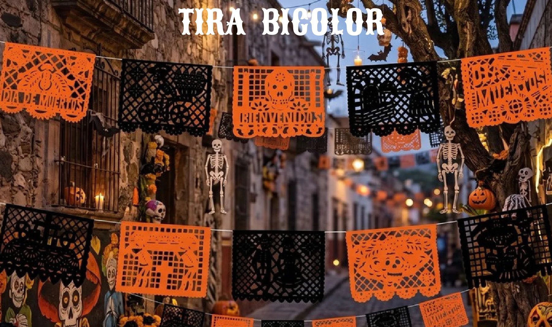 Tira Bicolor - Día de Muertos (Plastico) | Papel Picado DecorameC Huixcolotla Puebla Tira Bicolor - Día de Muertos (Plastico) - Diseño - Papel Picado Artesanal DecorameC