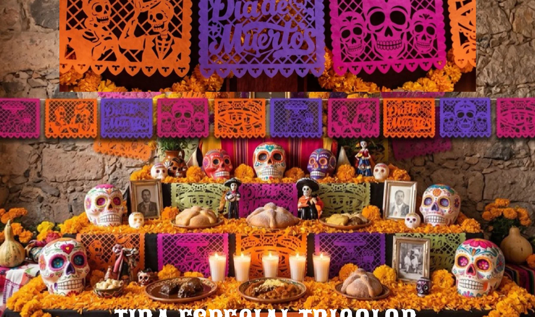Tira Especial Tricolor - Día de Muertos (Plastico) | Papel Picado DecorameC Huixcolotla Puebla Tira Especial Tricolor - Día de Muertos (Plastico) - Diseño - Papel Picado Artesanal DecorameC