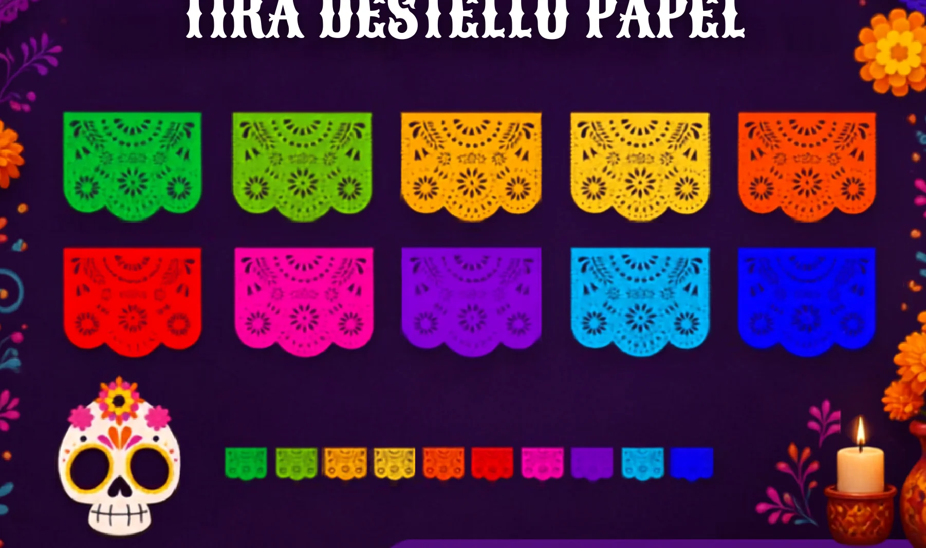 Tira Destello Papel - Día de Muertos (Papel China) | Papel Picado DecorameC Huixcolotla Puebla Tira Destello Papel - Día de Muertos (Papel China) - Diseño - Papel Picado Artesanal DecorameC