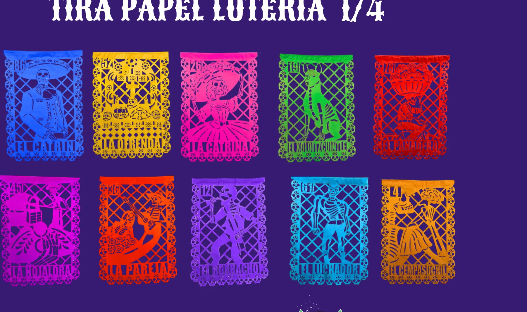 Tira Papel Loteria 1/4 - Día de Muertos (Papel China) | Papel Picado DecorameC Huixcolotla Puebla Tira Papel Loteria 1/4 - Día de Muertos (Papel China) - Diseño - Papel Picado Artesanal DecorameC