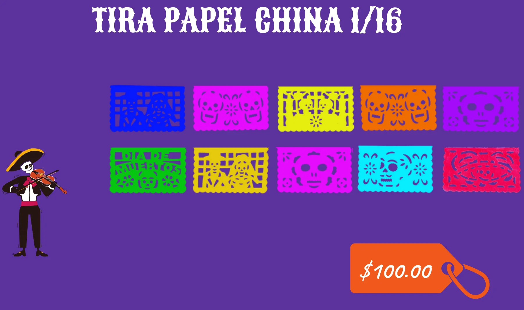Tira Papel China 1/16 - Día de Muertos (Papel China) - Diseño - Papel Picado Artesanal DecorameC