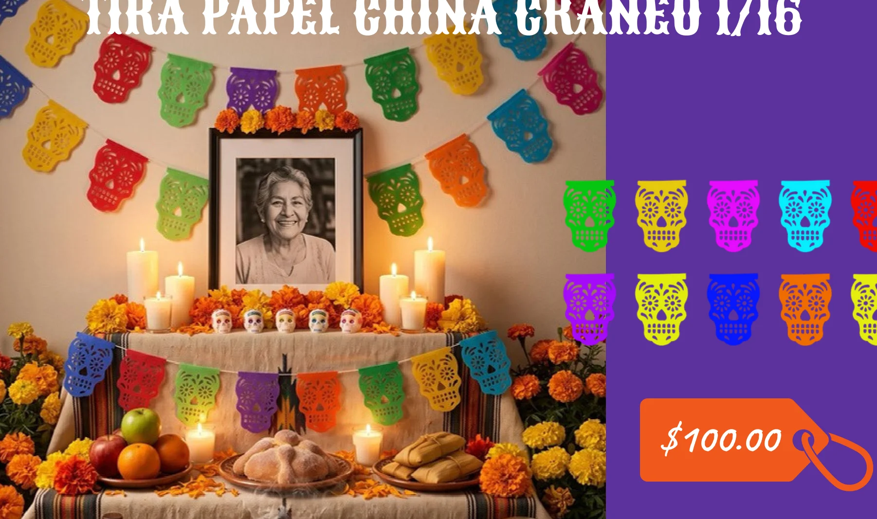 Tira Papel China Craneo 1/16 - Día de Muertos (Papel China) | Papel Picado DecorameC Huixcolotla Puebla Tira Papel China Craneo 1/16 - Día de Muertos (Papel China) - Diseño - Papel Picado Artesanal DecorameC