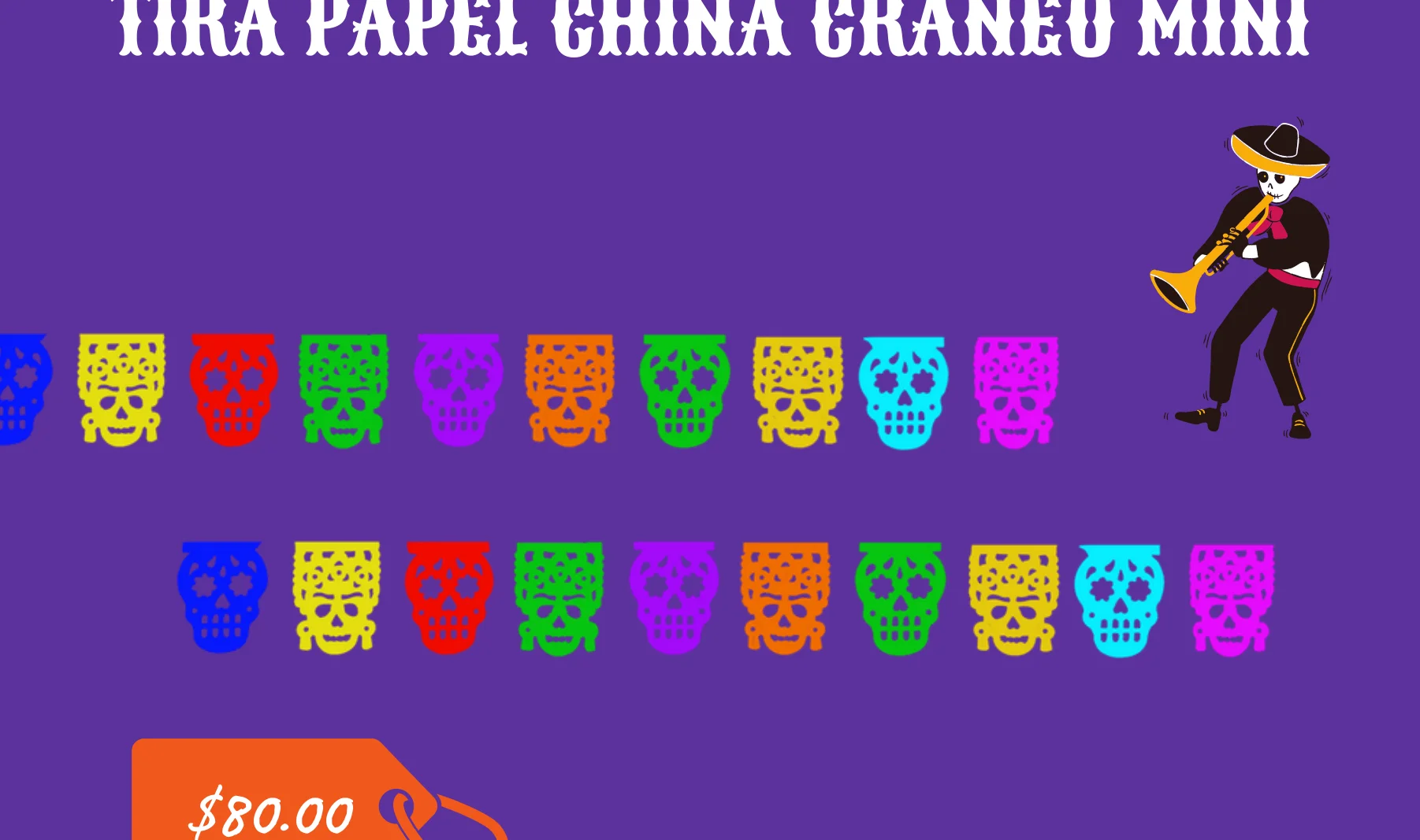 Tira Papel China Craneo Mini - Día de Muertos (Papel China) | Papel Picado DecorameC Huixcolotla Puebla Tira Papel China Craneo Mini - Día de Muertos (Papel China) - Diseño - Papel Picado Artesanal DecorameC
