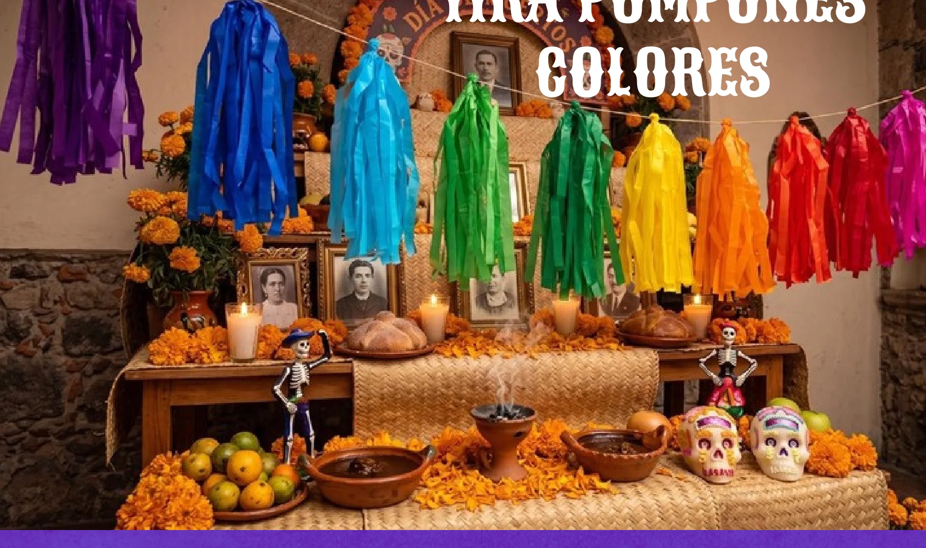 Tira Pompones - Día de Muertos (Papel China) - Diseño - Papel Picado Artesanal DecorameC