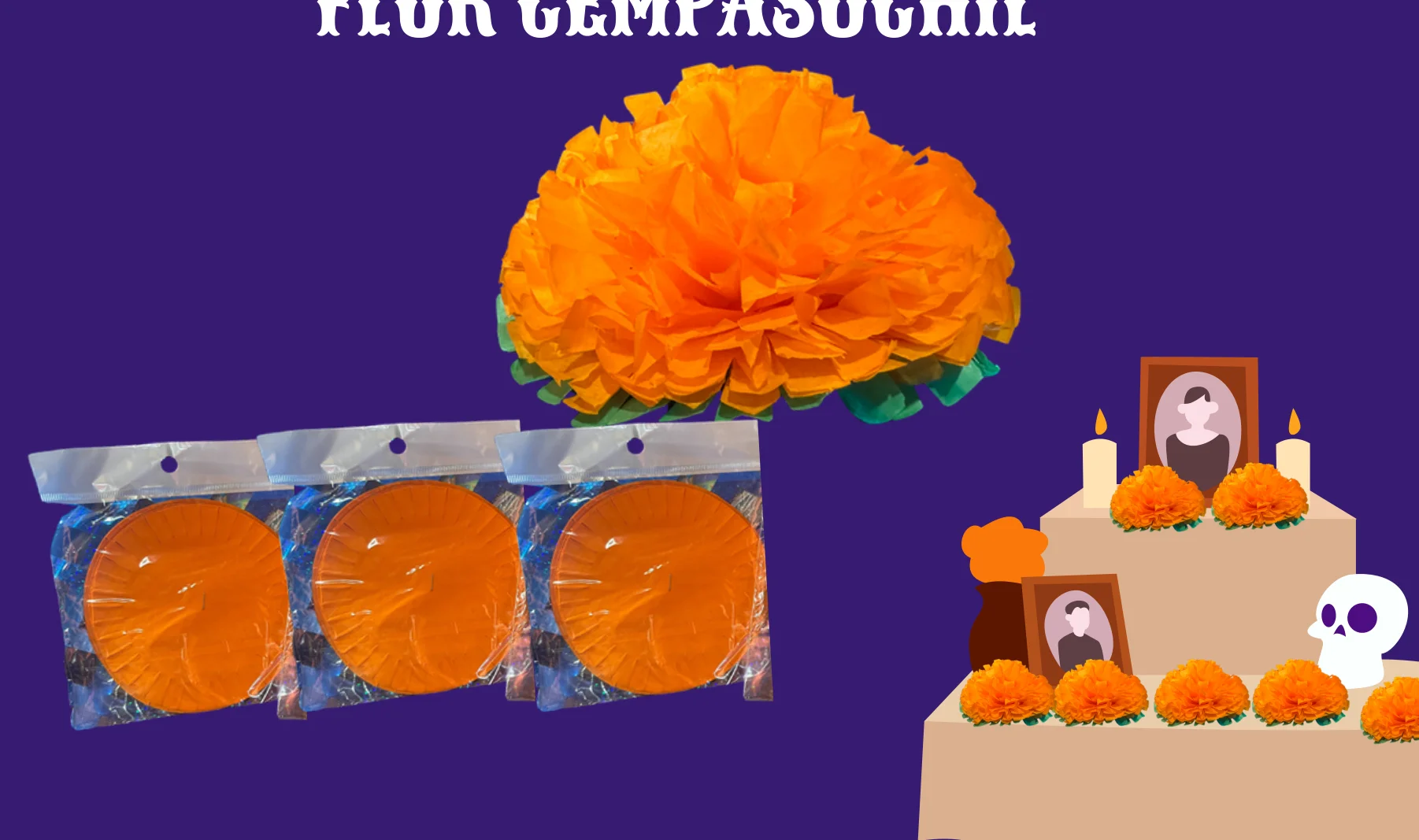 Flor Cempasuchil - Día de Muertos (Papel China) | Papel Picado DecorameC Huixcolotla Puebla Flor Cempasuchil - Día de Muertos (Papel China) - Diseño - Papel Picado Artesanal DecorameC