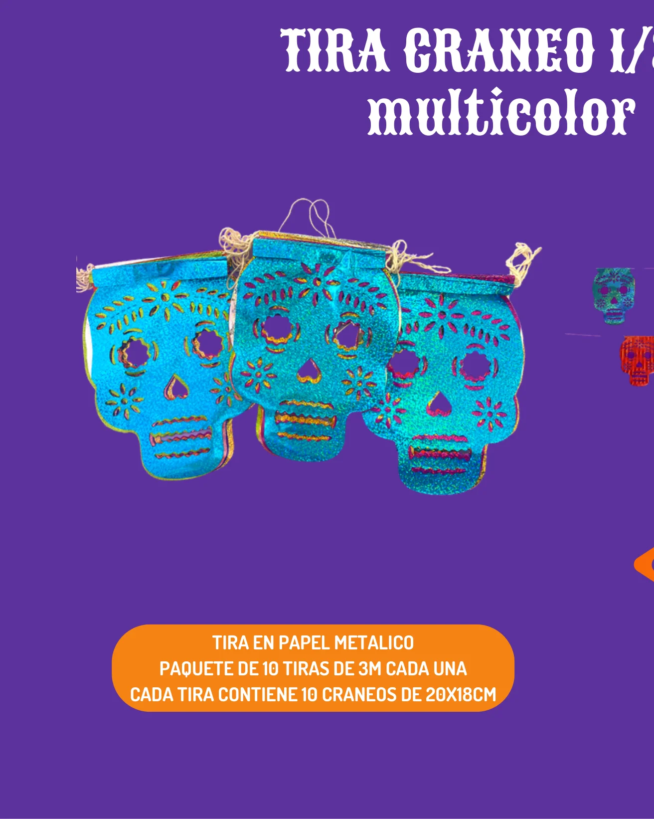 Tira Craneo 1/8 - Día de Muertos (Papel Metalico) - Diseño - Papel Picado Artesanal DecorameC