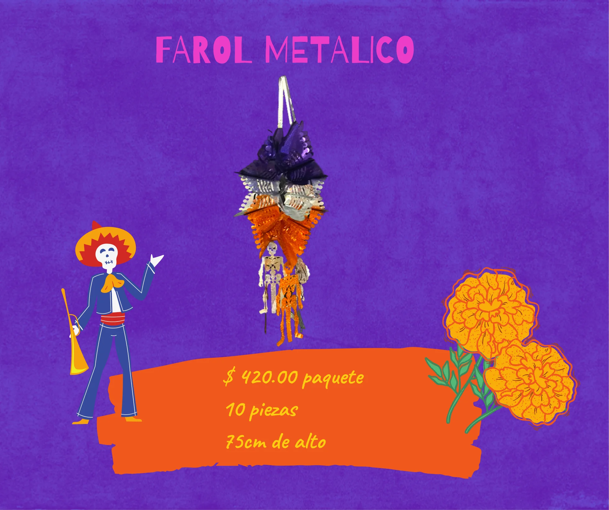Farol Metalico - Día de Muertos (Papel Metalico) | Papel Picado DecorameC Huixcolotla Puebla Farol Metalico - Día de Muertos (Papel Metalico) - Papel Picado Artesanal DecorameC